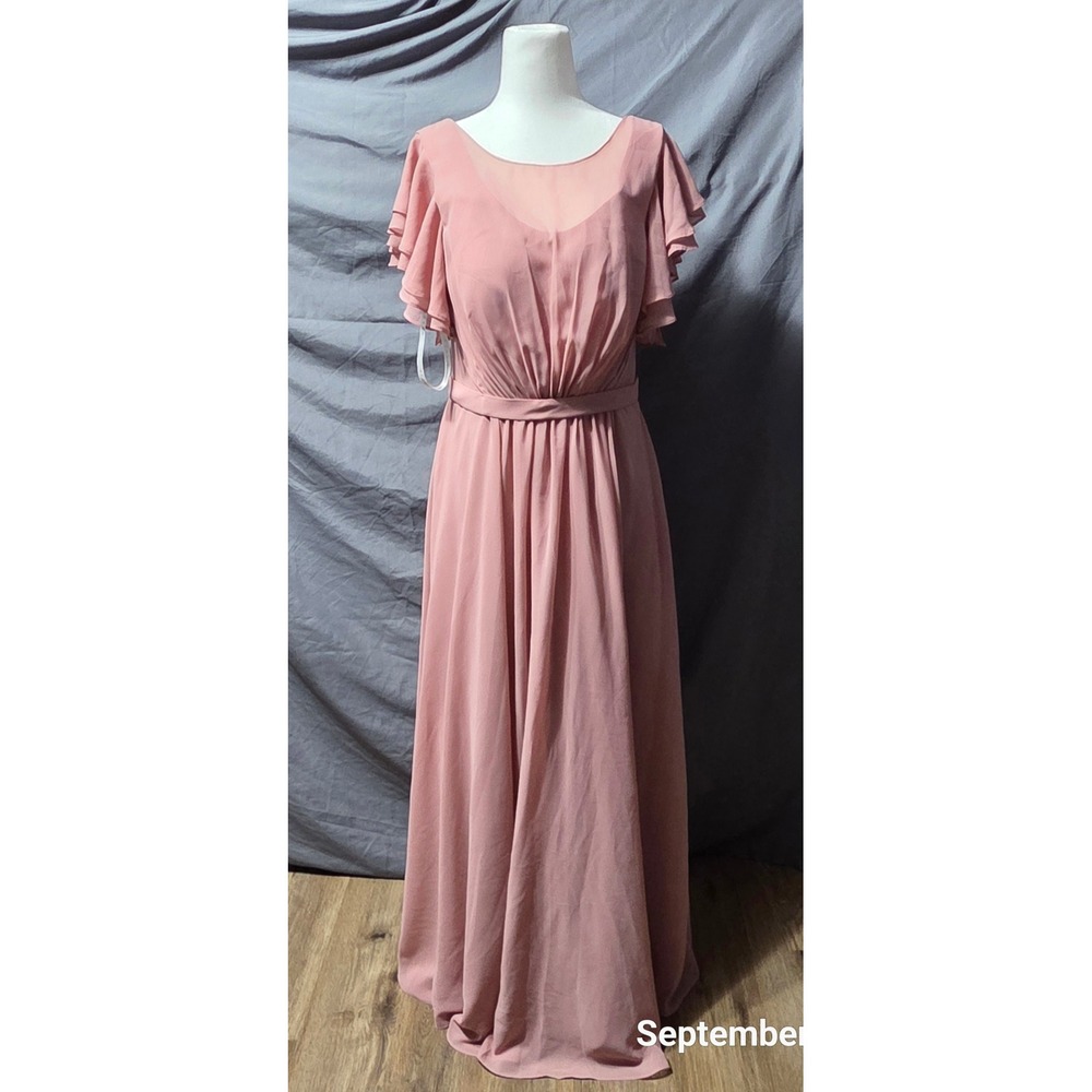 Azazie Dusty Rose Pink Chiffon Flutter Sleeve Maxi Bridesmaid Dress Size C